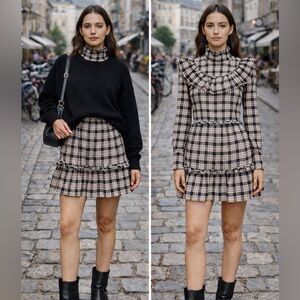 GANNI Channa Ruffled Plaid High-Neck Mini Dress | Size 6-8